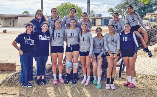 The Fort Stockton volleyball team made the most of their trip to San Angelo on Friday and Saturday. Back row, left to right: Assistant coach Sera Ramirez, Ivanna Ortiz, Kathryn Mendoza, Ashlynn Marquez, Adree Bueno, Eliana Mata. Front row: Assistant coach Ella Gonzales, head coach Gabrielle Harral, Mia Garcia, Arial Smith, Alyssa Rangel, Angelina Aguirre, Amaya Urias, Aryanna Gonzalez. Courtesy Photo