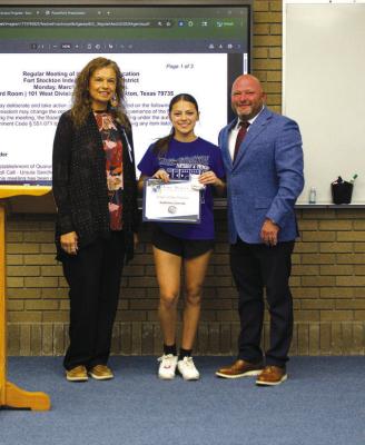 Fort Stockton’s new Order of the Panther inductee Audrina Ureste was welcomed at last week’s school board meeting on Monday. Photo by Collette Barragan