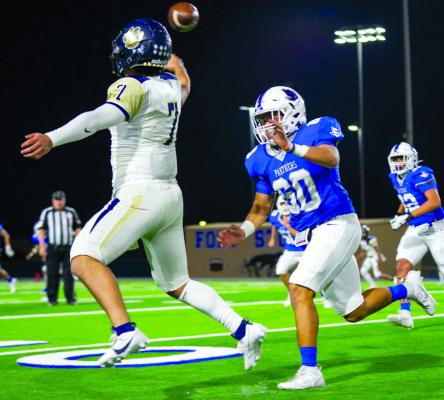 Fort Stockton’s Israel Tercero pressures Fabens quarterback Erick Ortiz, Friday night at Panther Stadium. Courtesy photo by Aaron Owens