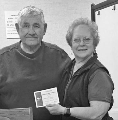 Fort Stockton Toastmasters President Karan Heffelfinger, right, received the Best Table Topics Speaker certificate from Oscar Gonzalez.