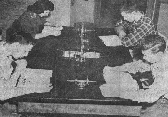 MARCH 1959 - CHEMISTRY CLASS? — No, as a matter of fact these Fort Stockton high school students will be studying English and math in a chemistry lab next fall. Showing what it’s going to be like are (left to right) Coy Click, Tanya Blair, Jim Robbins and Bill Wigley. School officials hope a proposed $2 million bond issue will provide emergency classrooms by January of next year and a new high school plant by 1962. The high school is to go on an extended day schedule next fall. (Staff Photo)