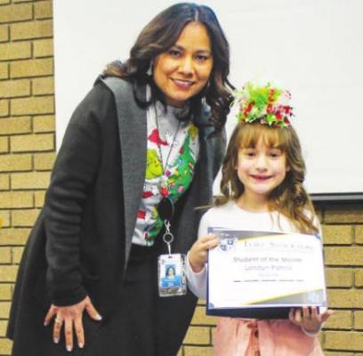 Londyn Patino was selected as Student of the Month at Apache Elementary. Patino was presented the award by principal Karina Pacheco.