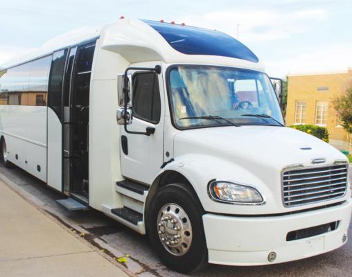 Master’s Transportation representative Mark Ondrich brought the 2020 Freightliner M2 E Coach 45 Widebody 57 Passenger Executive Coach to the FSISD school board meeting on May 24. Each school board member and the superintendent were able to view the bus before the meeting. Photo by Nathan Heuer