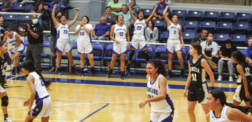 Fort Stockton’s Sophie Hernandez, bottom middle, smiles as her teammates on the bench break out into a celebration after the sophomore scored a basket in the team’s win against Lamesa. Photo by Nathan Heuer