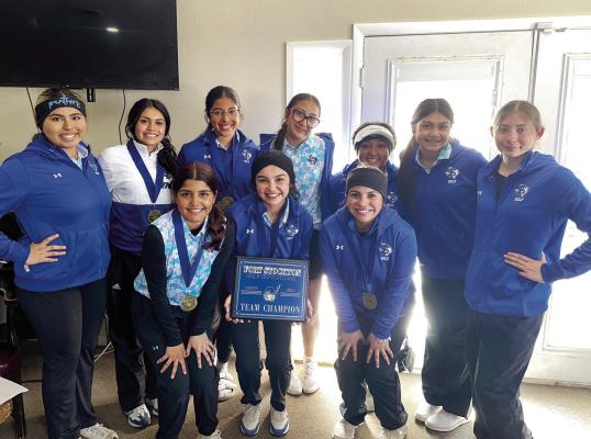 “Playing in 20 mph winds isn’t easy, but these athletes showed grit and determination to fight for that first-place finish,” said Coach Sanchez after the Prowlers showing at the Fort Stockton Invitational. Pictured here are golfers Evelynn Baiza, Lahela Urias, Kaelynn Calderon, Janessa Lujan, and Valeria Marquez among others. Courtesy Photo