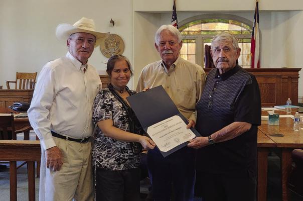 The Pecos County Historical Commission was honored with the Texas Historical Commission’s 2025 Distinguished Service Award for its efforts in local preservation. Pictured (L-R) Kirby Warnock, Veronica Diaz manager of the Old Pecos County Jail, Pecos County Judge Joe Shuster and Oscar Gonzalez, chairman of the Pecos County Historical Commission. Pioneer photo by Joh Covington