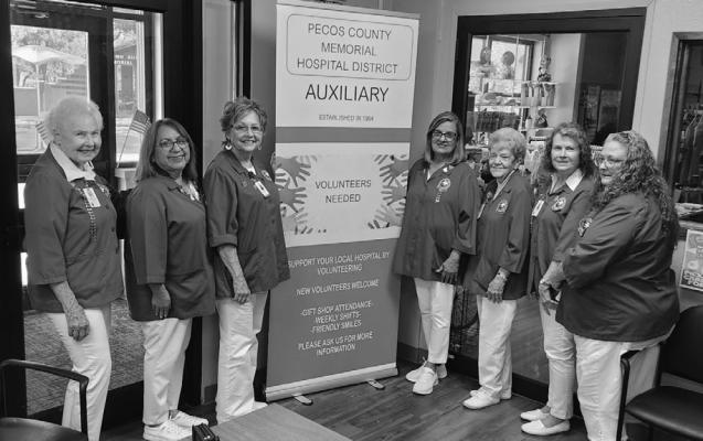 Pictured here, left to right, is Charlene Whitfield, Viola Alvarez, Ali Armstrong, Elma Holguin, Linda Lamb, Ludene Reeves, and Connie Parks. Last month, the Pecos County Memorial Hospital District recognized these Auxiliary volunteer’s hours of work and investment in the community’s health, education, and health. (Editor’s Note: This photo was published in the July 24 paper; it appears again with name spelling corrections and in recognition of the volunteer’s service.) Photo by Joh Covington