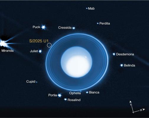 Uranus’ newest discovery, S/2025 U1, a small moon found in February 2025 with the James Webb Space Telescope. Photo courtesy of NASA