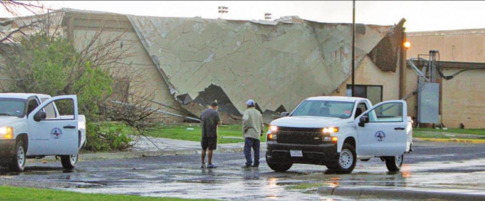 The Old Alamo Elementary School and current recreation center in Fort Stockton had the roof blown off one of its facilities on May 10 by winds that reached up to 65 miles per hour according to the National Weather Service. Photo by Nathan Heuer
