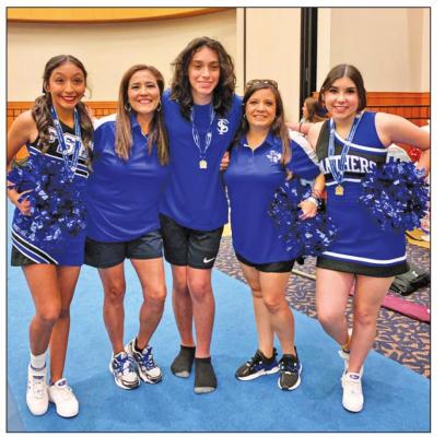 Pictured are the three Fort Stockton cheerleaders who received All-American honors at cheer camp at Angelo State University. Pictured from left to right: Lizeth Robles, Mimi Sena, Avan Lujan, Kim Dutchover, Carolina Sauceda.