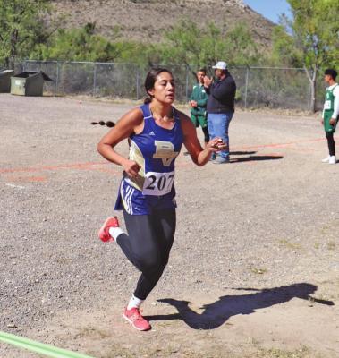 Buena Vista junior Mariana Sanchez nears the finish line of the 1A District 10 meet on Saturday, Oct. 28 in Marathon. Sanchez finished the cross season in 11th place in Class 1A in the fall and the upperclassman will hope to find the same success at the state track meet this upcoming Saturday. File Photo