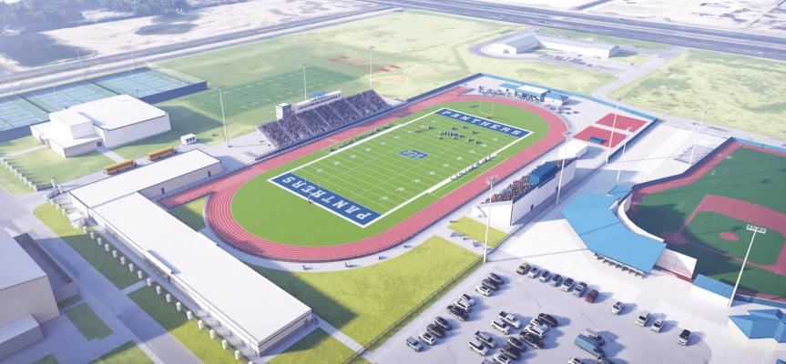 A look at the future of Panther Stadium, featuring new home bleachers with expanded seating, a modern press box, the completed field house, upgraded concession stand and restroom plaza, and planned visitor-side improvements scheduled after the 2024 football season. Renderings courtesy of Performance Services, Inc.