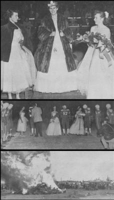 From the archives of the 1954 Panther yearbook; center, Homecoming Queen Freddie Jean Ellis, right, Luann Dyche left, Delvyne McSpedden. Coach Ford presenting corsages to all duchesses, attendance of Panther football team. Bottom photo: first bonfire to commemorate the festivities. Courtesy photos by Collette Barragan, FSHS Yearbook Teacher