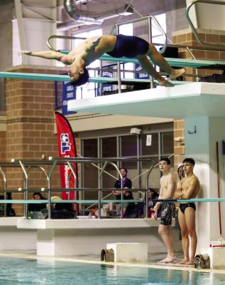Fort Stockton’s Javier Hignojos executes a backflip during the UIL 4A State Diving Meet in San Antonio on Feb. 12, where he completed all 11 dives and finished eighth overall in Class 4A competition. Photo by Carla Vazquez, Tumbleweed+