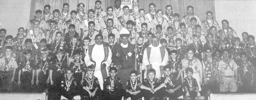 March 1998: FORT STOCKTON SCOUTS EARN RELIGIOUS AWARDS – Jefferey Gonzales, Steve Franco and Thomas Ronquillo, all members of Fort Stockton Cub Scout Pack #154 were in San Angelo to receive the Parvuli Dei Award. They were among several Scouts from throughout the Concho Valley Council who completed requirements for the Catholic Scout emblem during 1997 and received their award from Bishop Pfeifer at San Angelo’s Sacred Heart Cathedral.