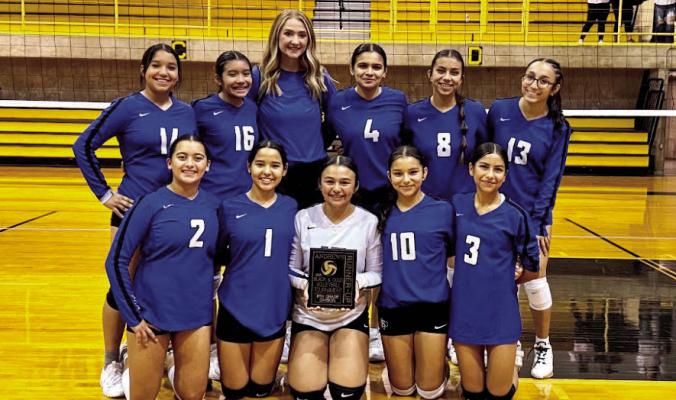 Pictured left to right, front, are the Junior Varsity White players Avalon Palacios, Xiomara Lopez, Jesmy Ortiz, Azhra Natividad, and Raquelle Jimenez. In the back are Camila Nieto, Zoe Lopez, Coach Schulyer Daggett, Zaylei Alavarez, Amaryah Martinez, and Liliana Granado.
