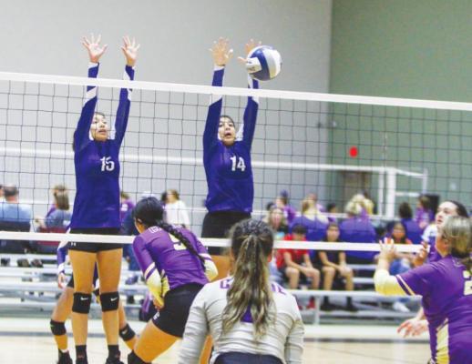Fort Stockton’s Brianna Flores (15) and Amaya Urias (14) go up for a block during the Prowlers win over Crane Aug. 13 at the Ward County Event Center in Monahans. Photos by Nathan Heuer