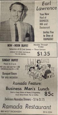 Ramada Inn and Restaurant’s new host, Earl Lawrence, featuring a Businessman’s Lunch. OCT. 14, 1965