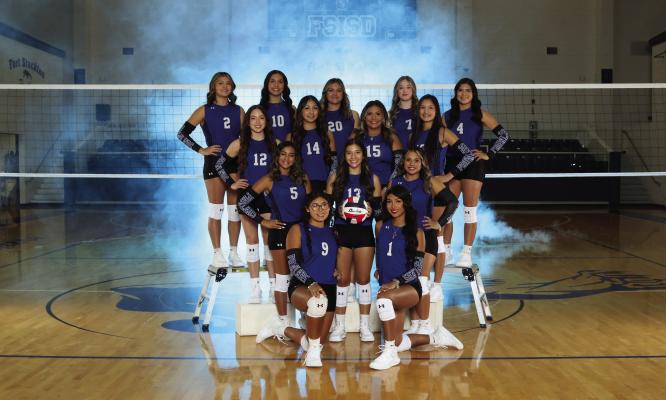 The Fort Stockton Prowlers Varsity Volleyball team — Pictured here (not in order) are featured players Thiara Wislar, Kailyn Reeves, Jocelyn Arcides, Havyn Gaytan, Valeria Marquez, Brenna Downing, Ayla Valenzuela, Sofia Garcia, Victoria Maldonado, Addi Castro, Yuvi Munoz, Alondra Encinas, Lili Escalon, and Enay Acosta. Photo by Cynthia Galindo, West Texas Portraits