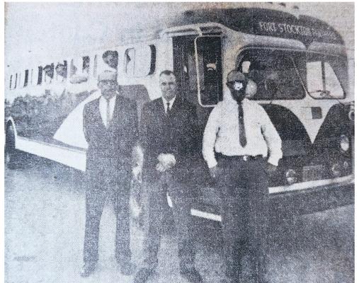 Left: Fort Stockton Independent School District recently had this bus overhauled, repainted and refinished inside, just in time for the shuttle of football players to Alpine’s game. Eugene Upshaw, right, is the driver, and others pictured are Coach Pete Hickman, center, and Leonard Boyd, assistant varsity coach. SEPT. 23, 1965
