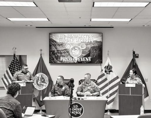U.S. Border Patrol Special Operations Supervisor Ricardo Barragan, Chief Patrol Agent Lloyd Easterling, Executive Commander Major Jared Steffani, and Chief of Public Affairs Lt. Colonel Sarah Ray held a press briefing on Friday at the Big Bend Sector’s Alpine office, highlighting the partnership between the U.S. Border Patrol and the Department of Defense to secure our southern border. Photo by Kara Gerbert
