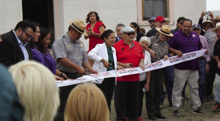 On Saturday, the Secretary of the Interior Deb Haaland formally participated in the official ribbon cutting ceremony for the Blackwell School in Marfa to be established as a National Historic Site. A few pictured, Arturo Alvarez, Daniel Hernandez, Joe Cabazuela, Ded Haaland, Chuck Sams, and Kate Hammond.