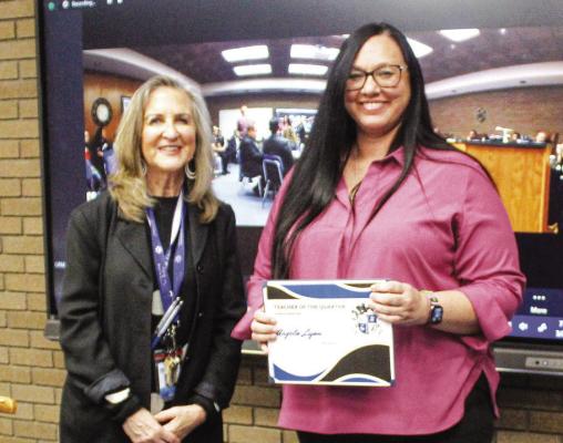 Angela Lujan was selected at the Alamo Elementary Teacher of the Quarter on March 27 at the district’s board meeting. Lujan teaches third grade math. Lujan was introduced and presented the award by Alamo Assistant Principal Cathy Havins.