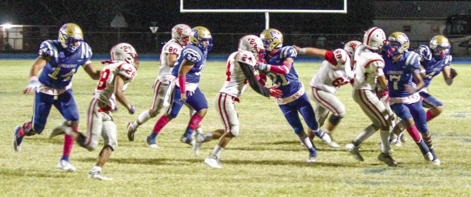 The Buena Vista Longhorns took down the Van Horn Eagles 60-14 at home last Friday to secure a playoff spot with the season-finale set for this Friday when the Longhorns travel to Marfa. The Shorthorns are 7-2 overall and 1-1 in the district standings after a solid 48-22 win over Foret Davis last week. Buena Vista will advance to the bi-district playoffs next week against the O’Donnell Eagles. Courtesy photo by Staci Schoenfeldt