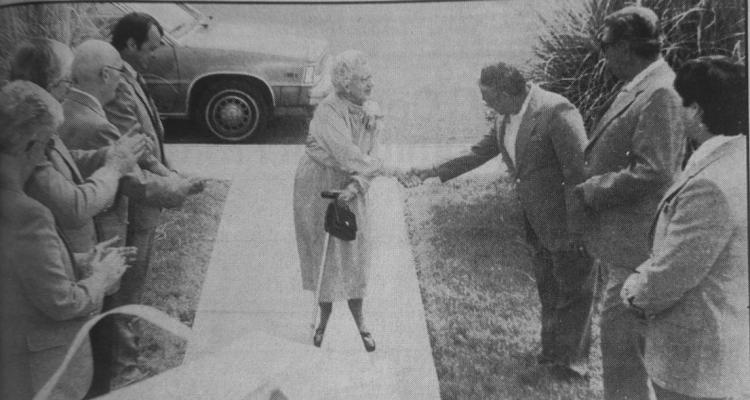 APRIL 1987 – BLUE CARPET WELCOME - Mrs. Jeff (Euna) Wade, 1987 First Lady of Fort Stockton, received a VIP welcome Tuesday afternoon when she arrived at the 5th Street House for a gala tea in her honor. She was greeted on her way into the party by the Chamber of Commerce Ambassadors in their blue Jackets. (Photo by Frank K Baker)