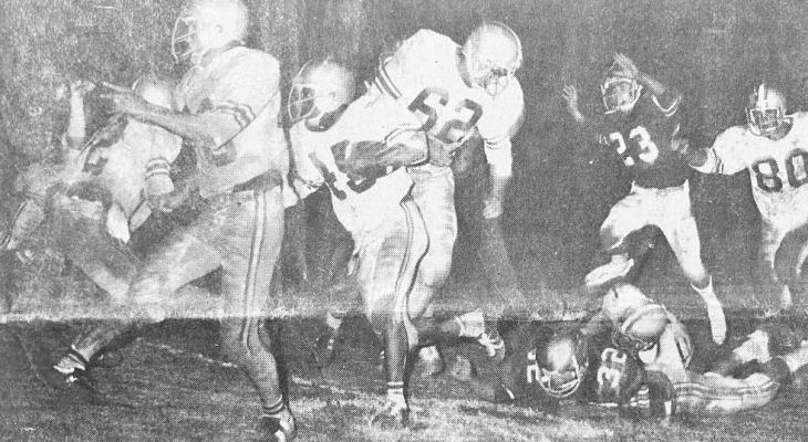 September 1973 issue: RUNBACK – Charles Johnson appears headed for the promised land on this kickoff return, but his time was already beginning to run out. Crane Players out of the picture rushed in to bring down the fleet Panther safety man. Other Panthers in the photo are (L-R) Randy Pogue (40), David Nunez (62) and Del Mack Ward (80).