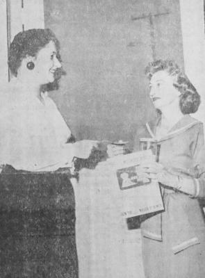 February 1960: MOTHER’S MARCH – Mrs. H.F. Gilley, chairman, (right) is delivering Mother’s March materials to Mrs. William Sallee. Both are mothers of children who had polio.