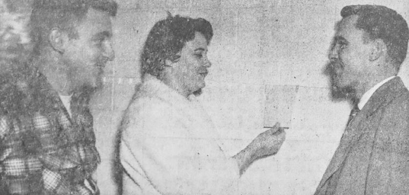 February 1960: CHAMBER DRIVE – Mrs. Fleeter Eason (center) chooses a card with a potential new chamber member’s name on it as the current drive opened Thursday. Looking on are campaign chairman Frank Baker (left) and chamber treasurer L.G. Srewart.