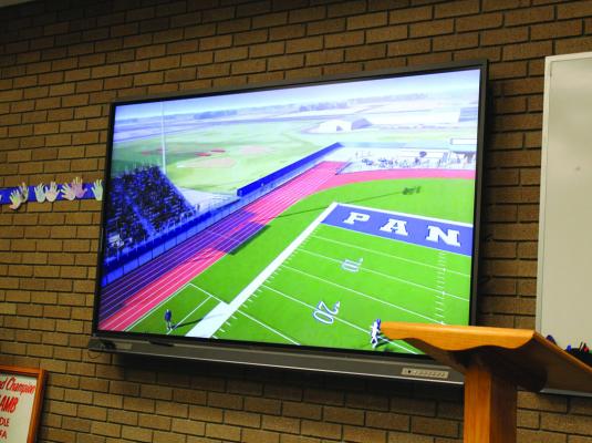 During a special meeting, the FSISD school board reviewed a presentation for the possible update of the high school football field. Photo by Joh Covington