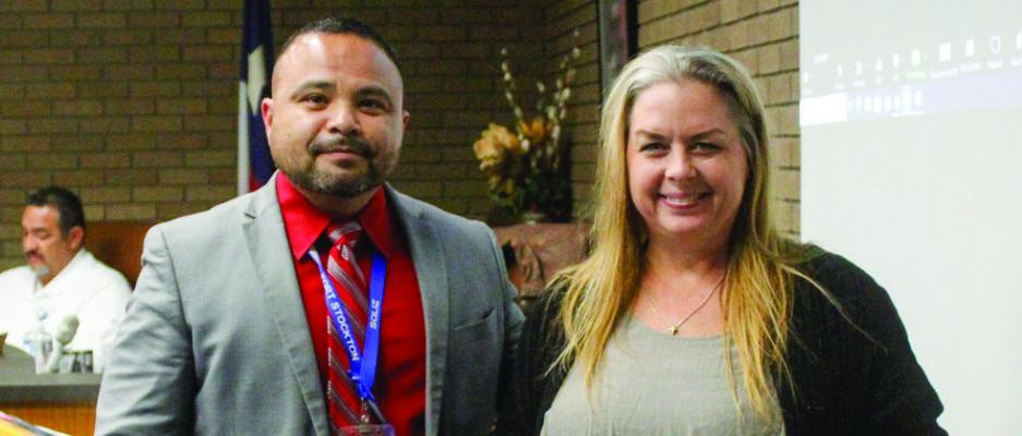 Eighth grade science teacher Jeanna Martinez, right, was awarded the Middle School Teacher of the Quarter by principal Sammy Soliz.