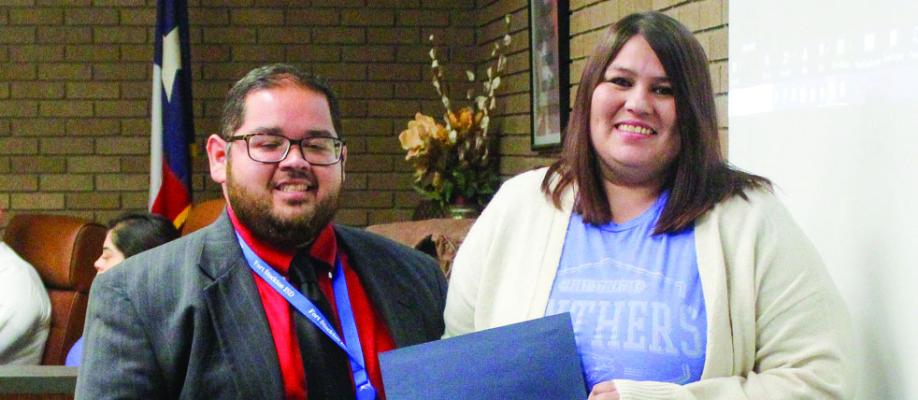 Fort Stockton ISD Mathematics teacher Amber Kollmar, right, was presented the Intermediate Teacher of the Quarter award by principal Julian Castillo.