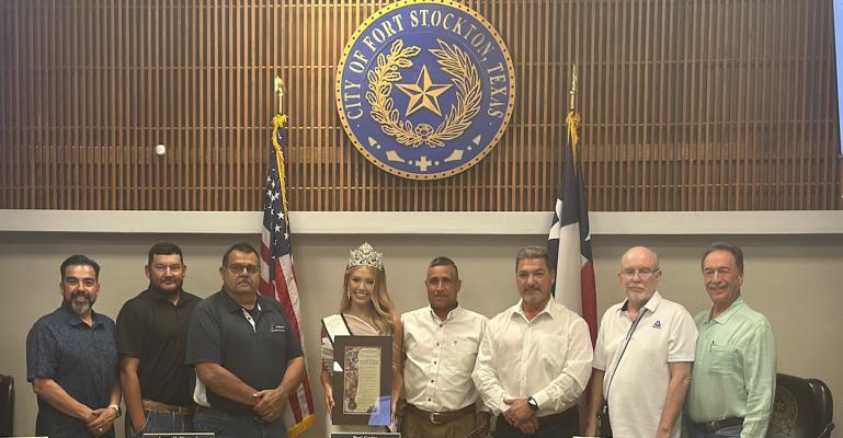 Fort Stockton Mayor Sandy Whitley and members of the Fort Stockton City Council present a proclamation honoring Emmry Warren as the 2026 Miss Fort Stockton during Monday evening’s City Council Meeting.