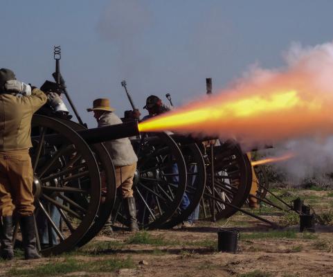 Robert Preston of Fort Stockton and his crew fire “The Judge,” a 3-inch ordnance rifle, during the Horsehead Crossing Trails of Time Living History event on Saturday afternoon, Preston said this was the third year his crew has fired the cannon at Horsehead Crossing. The 3-inch ordnance rifle was created in the 1850s in West Point, N.Y. and were key during the Civil War. 
