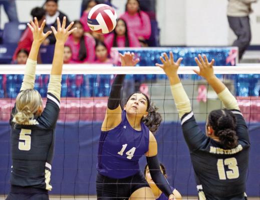Prowler Athlete Amaya Urias goes up for a kill last year against Andrew defenders. The Lady Prowlers ended the season 18-21 and went 5-5 in District Play.