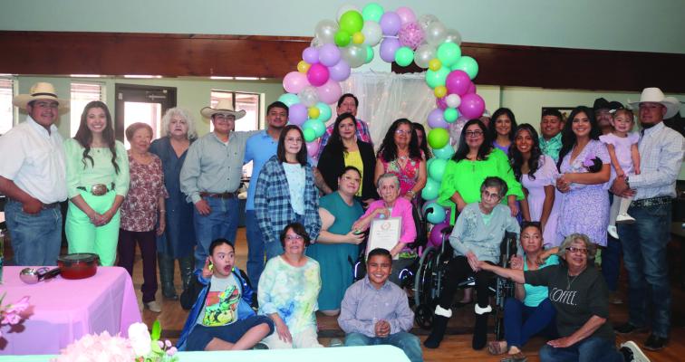 Several generations of family and friends joined Fort Stockton’s Delfina Ochoa for her 100th birthday celebration at the Focus Care Nursing Home on Saturday, March 4. Mrs. Ochoa was presented with a certificate from the Governor of Texas in honor of her birthday. Photo by Shawn Yorks