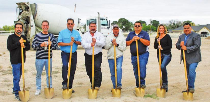 The Fort Stockton City Council are pictured at Gene Cummings Park in the location where the new walking trail is set to be poured in the upcoming months. Pictured from left to right: city councilman Ruben Falcon, city councilman Darren Hodges, mayor Chris Alexander, city manager Frank Rodriguez, city councilman Paul Casias, city councilman James Warnock, city councilwoman Pam Palileo, EDC director Remie Ramos. Photo by Nathan Heuer