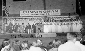 Sarita Urias Swonke and the Choir performed in front of what used to be the Cunningham Furniture Company in 1948 and is now the Fort Stockton Community Theatre. PHOTO BY TONY SWONKE
