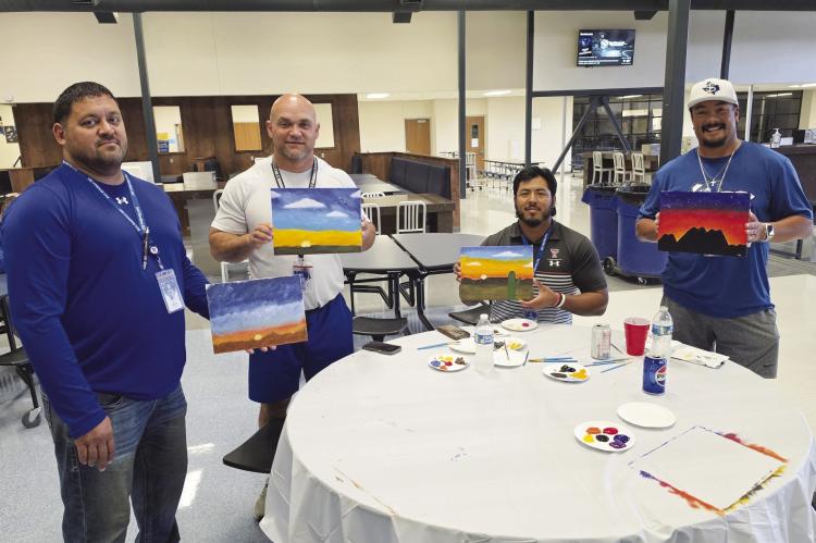 Fort Stockton High School staff took a little time to come together, connect, and get ready for a great year. Teachers enjoyed burgers cooked up by Mr. Guerrero and Mr. Vazquez, followed by a sit-and-paint led by Mr. Valadez. Along the way, Mr. Valadez shared some words of inspiration with our staff as everyone created their own West Texas sunset.