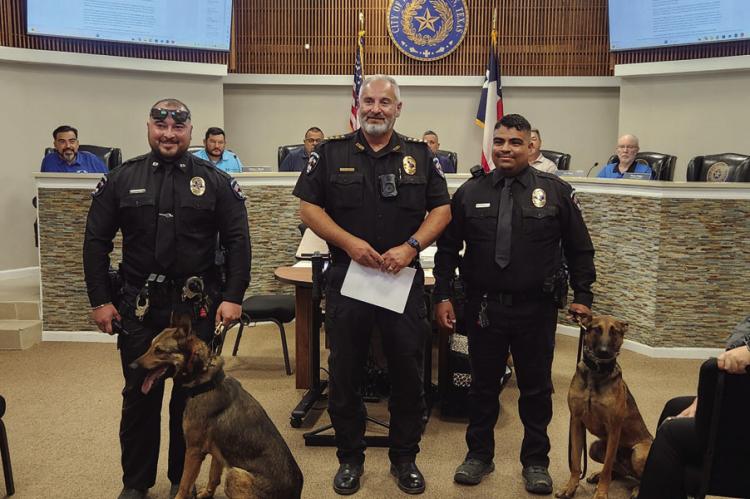 K-9 Officers Reaper and Gunner, the Fort Stockton Police Department’s newest K-9 officers, were introduced with reverence, along with their handlers, Officer Derek Calderon and Officer Isaac Matamoros. Pioneer Photo by Joh Covington