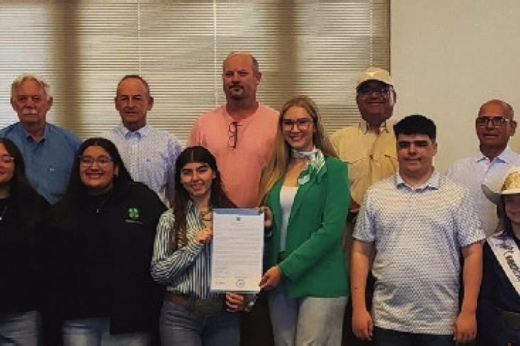 Pecos County 4-H students receiving the Proclamation of National 4-H Week, October 4th – 10th, 2026, pictured with the officers of Commissioners Court. Courtesy Photo by Emilie Feyry-Natividad