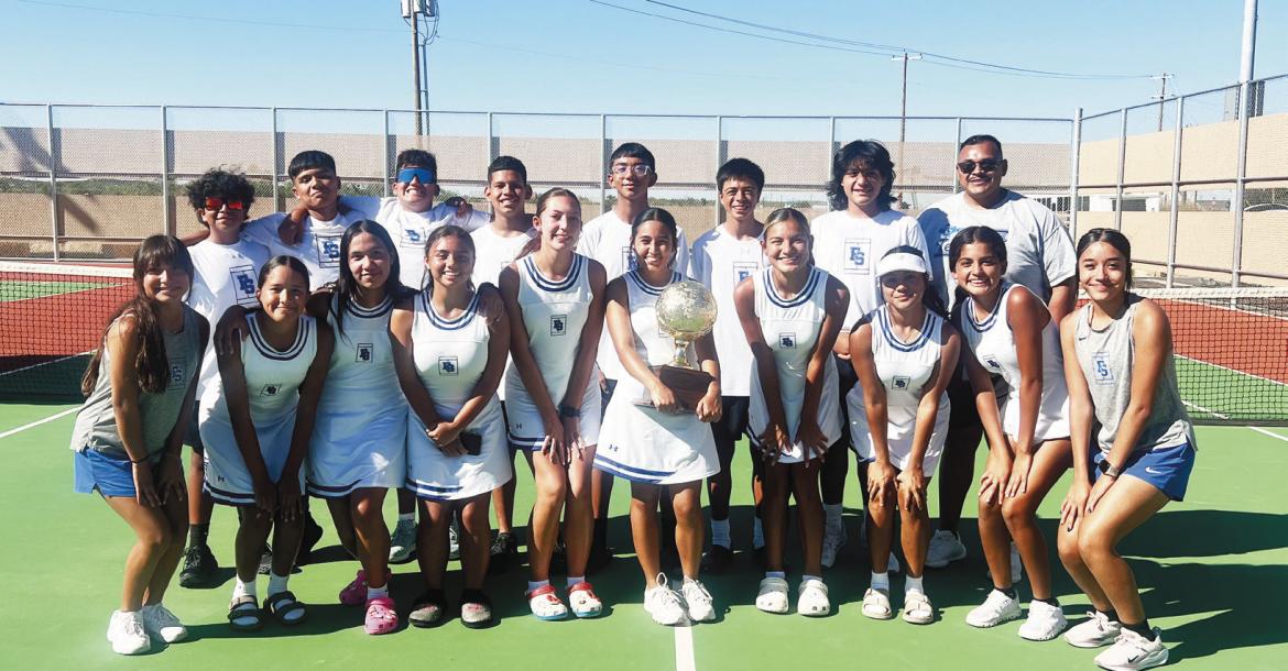 The Fort Stockton Panther tennis team celebrates its bi-district championship after defeating Brock 10-9 on Monday, Oct. 5, in Sweetwater. The Panthers advance to the area round. Courtesy photo.