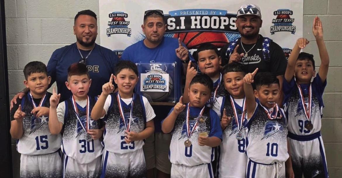 The Stockton Stars celebrate their Silver Bracket championship after defeating West Texas Swish 9-6 on July 19 in Odessa. Team members include Adren Garcia, Gus Garza, Ramsey Ramos, Devin Benavente, Edrick Sanchez, Dustin Lopez, Niam Boinpally and Kobe Allen, with head coach Ricardo Garcia and assistant coaches Karl Allen and Dustin Lopez.
