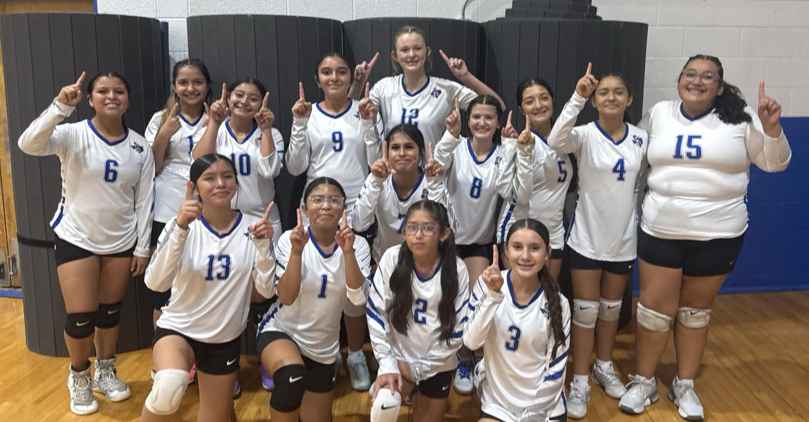 The Fort Stockton Middle School eighth-grade White Prowlers celebrate their first-place finish at the Fort Stockton tournament Saturday. The Prowlers defeated Presidio, Pecos and Monahans, rallying from an opening-set loss against Monahans to win the championship in three sets. Courtesy photo