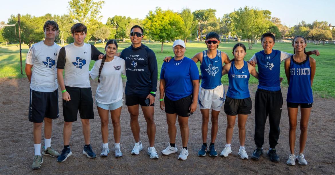 Fort Stockton High School cross country runners gather in front of a memorial honoring former teammate Eddie Vela during the inaugural Eddie Vela Memorial 5K on Saturday at Rooney Park. Vela, a Panther sophomore and varsity cross country runner, was remembered by family, friends, classmates and teammates during the event, which raised funds for student grief support and safe driving awareness. Courtesy Photo