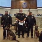 K-9 Officers Reaper and Gunner, the Fort Stockton Police Department’s newest K-9 officers, were introduced with reverence, along with their handlers, Officer Derek Calderon and Officer Isaac Matamoros. Pioneer Photo by Joh Covington