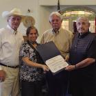 The Pecos County Historical Commission was honored with the Texas Historical Commission’s 2025 Distinguished Service Award for its efforts in local preservation. Pictured (L-R) Kirby Warnock, Veronica Diaz manager of the Old Pecos County Jail, Pecos County Judge Joe Shuster and Oscar Gonzalez, chairman of the Pecos County Historical Commission. Pioneer photo by Joh Covington